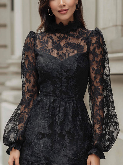 Puffed Sleeves Lace Dress With Ruffled Hem