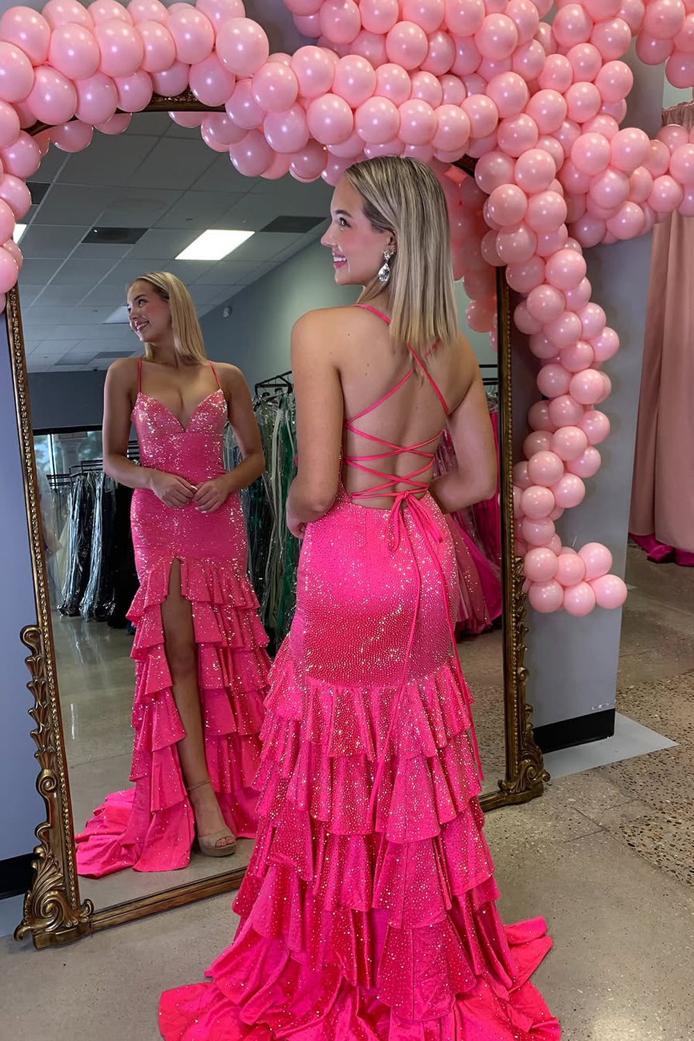 Mermaid V Neck Fuchsia Ruffle Tiered Long Prom Dresses with Slit