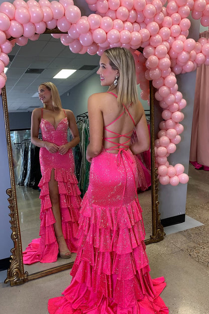 Mermaid V Neck Fuchsia Ruffle Tiered Long Prom Dresses with Slit