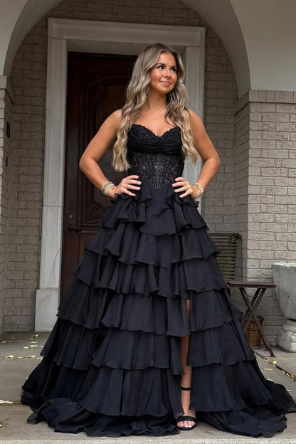 Gorgeous A Line Sweetheart Neck Black Chiffon Tiered Prom Dress with Slit