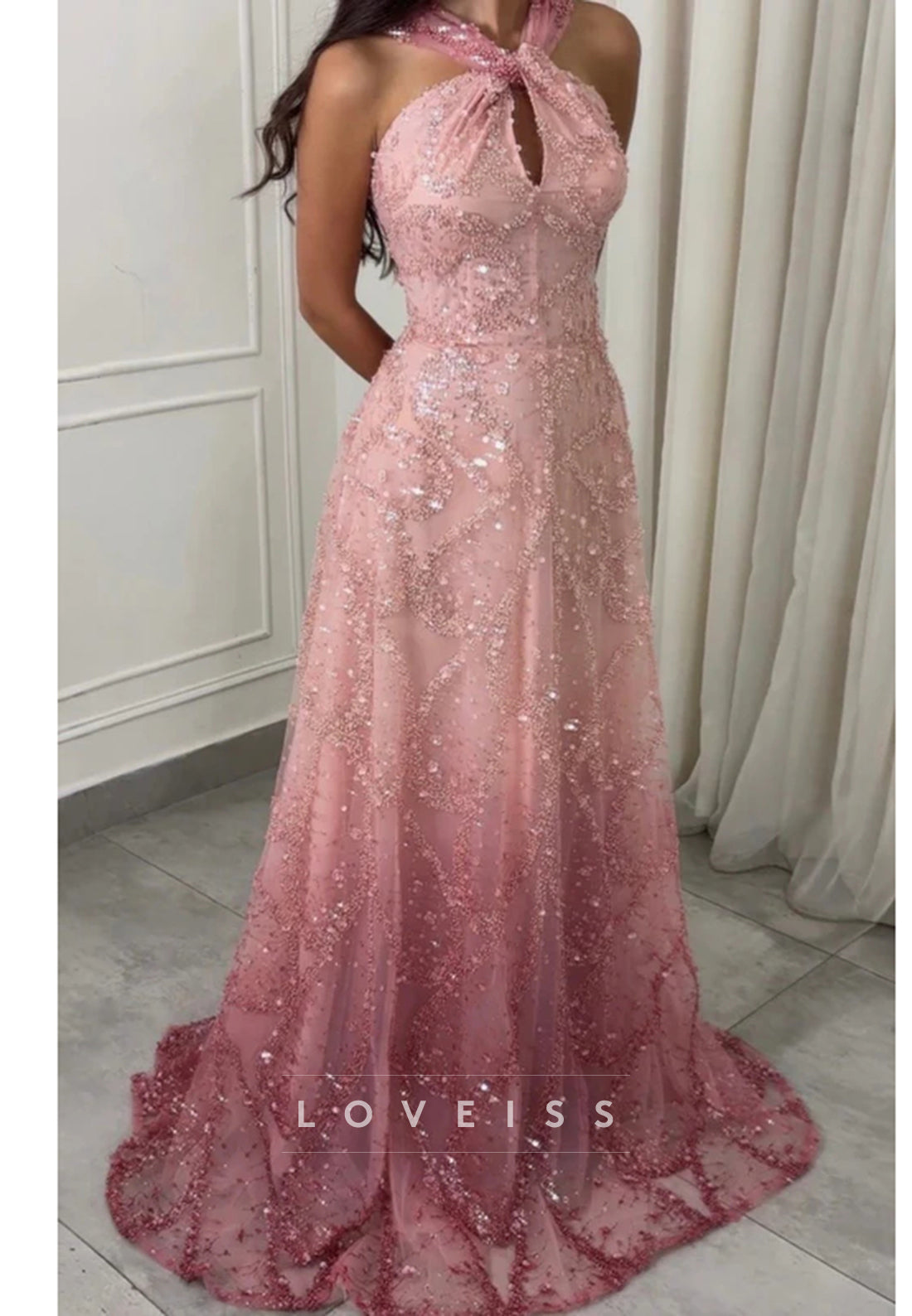 Elegant Halter High Open Sequin Bead Fishtail Skirt
