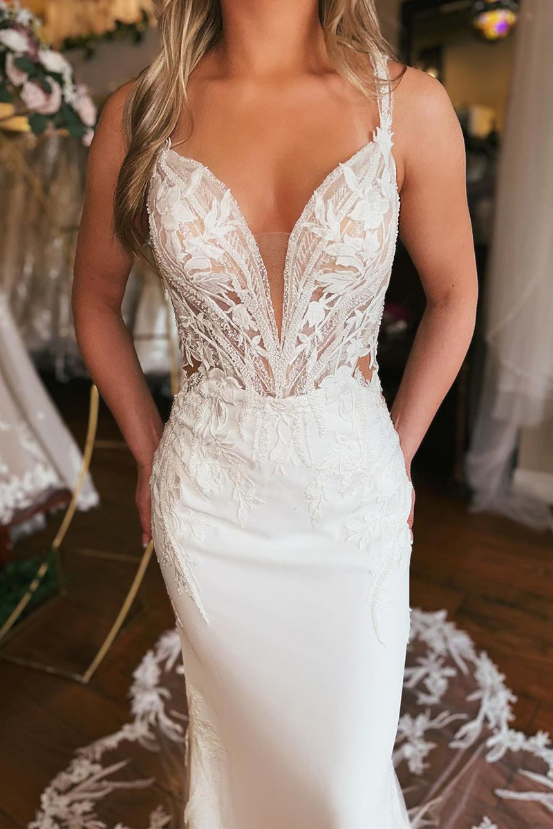 Mermaid V Neck Satin Wedding Dresses with Appliques