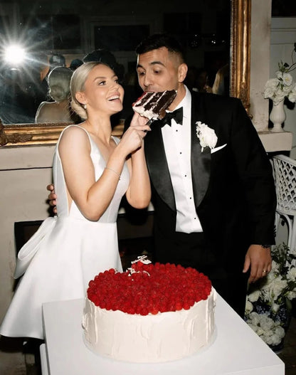 Modern Short Wedding Dress Satin V-Neck with Bow