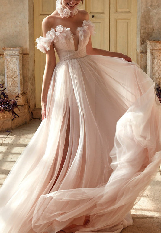 Off-Shoulder Strapless Floral Embellished A-Line Wedding Dress