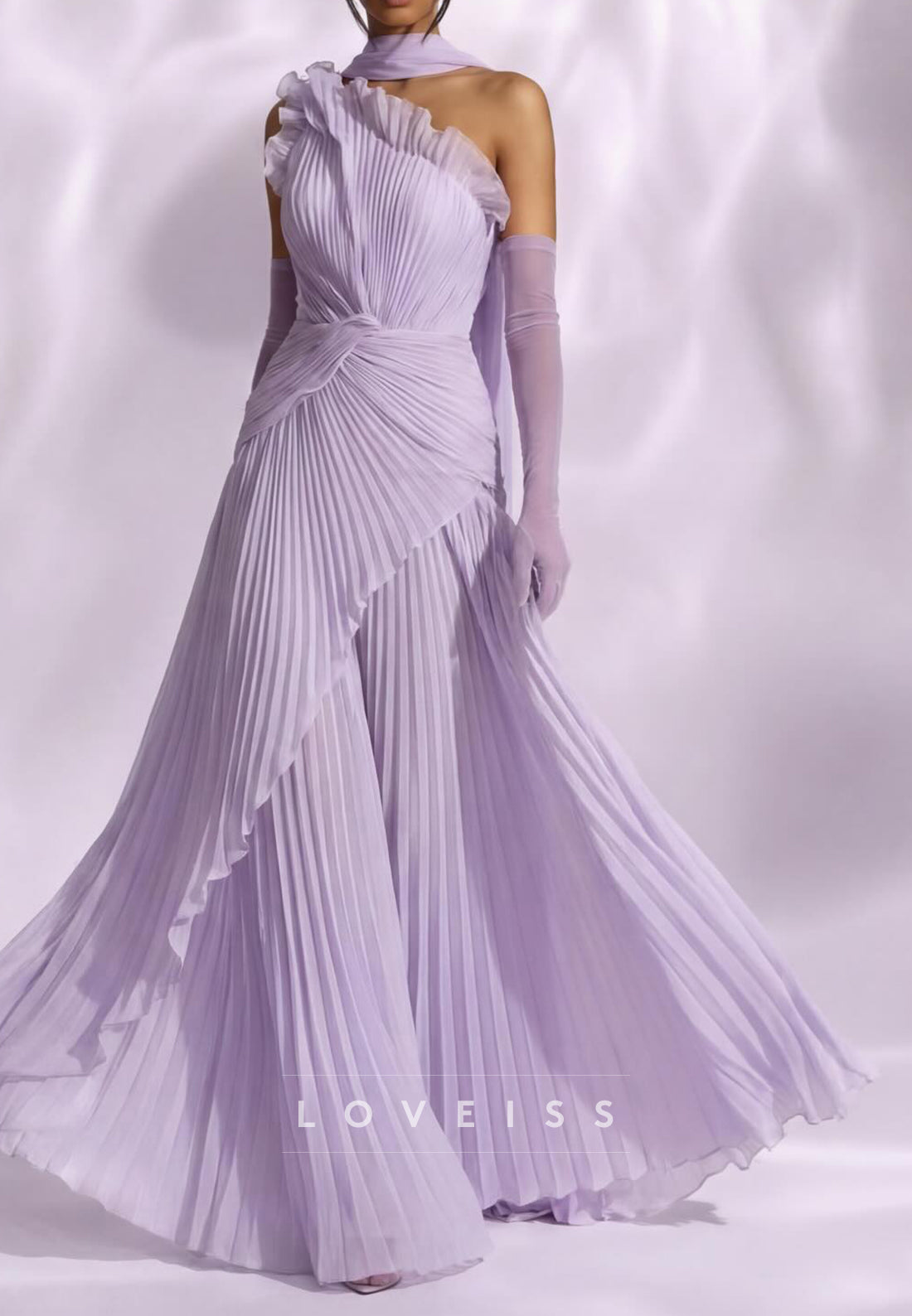 One Shoulder  Pleated A-Line Evening Dress