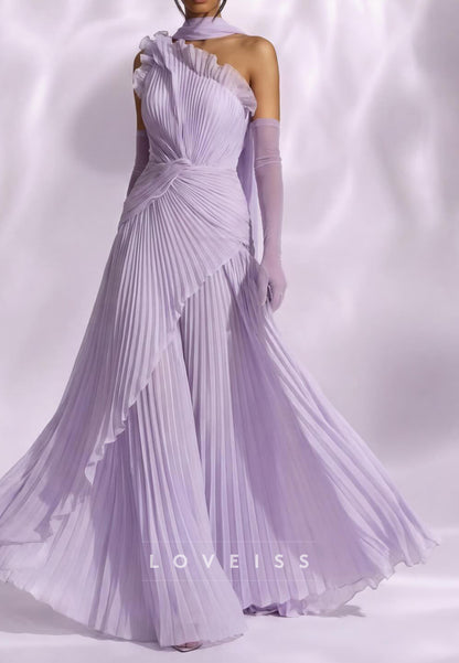 One Shoulder  Pleated A-Line Evening Dress