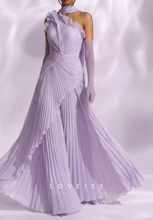 One Shoulder  Pleated A-Line Evening Dress