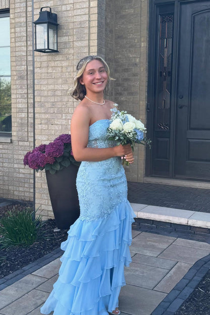 Strapless Mint Appliques Tiered Chiffon Long Dress