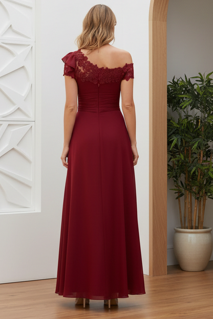 One Shoulder Lace Bodice Ruched Chiffon Maxi Gown