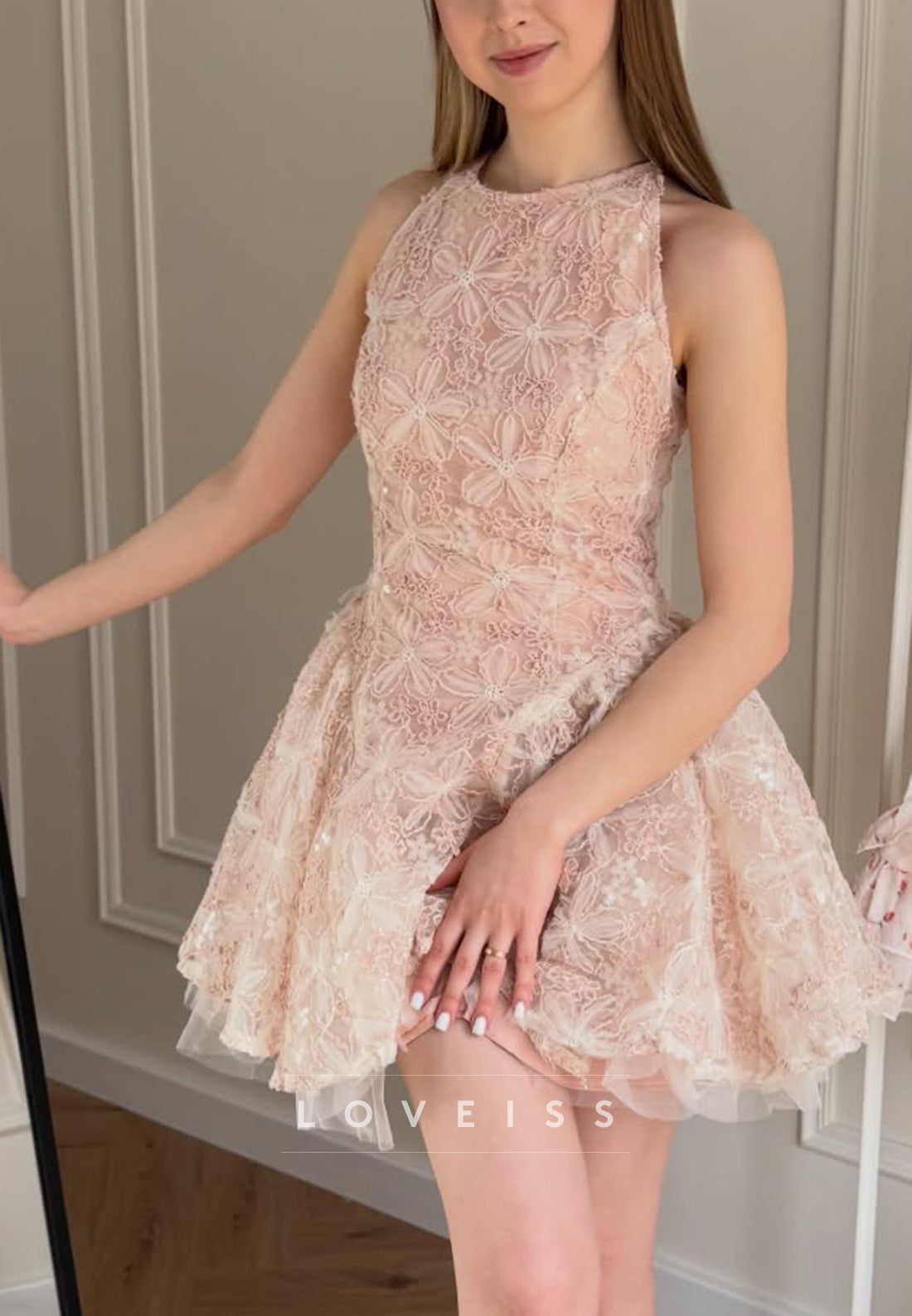 High Neck Lace A-Line Mini Dress