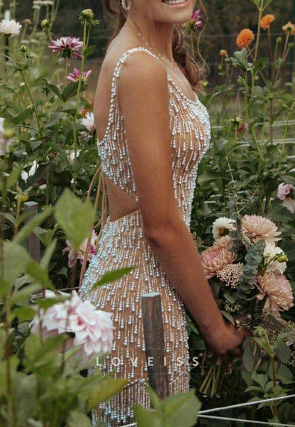 Pearl Beaded Fringe Open Back Mini Dress