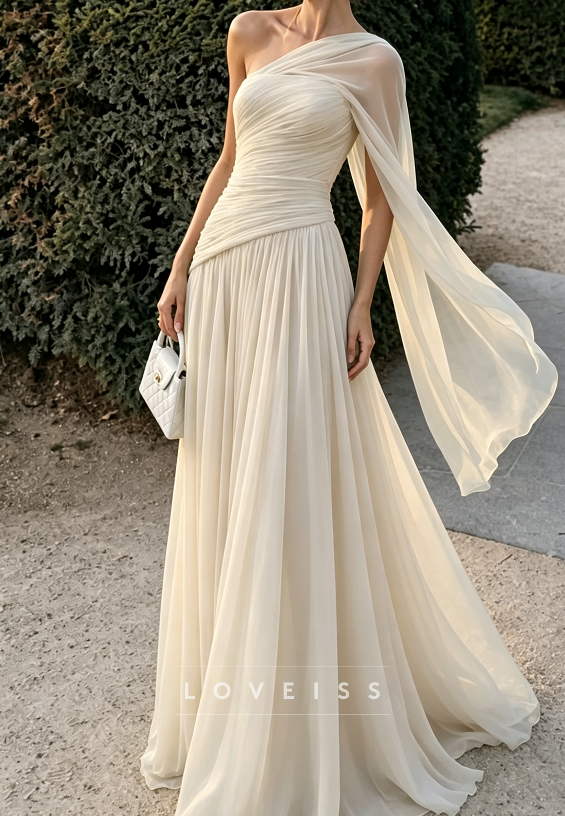 One Shoulder Chiffon A-Line Evening Gown with Cape Sleeve