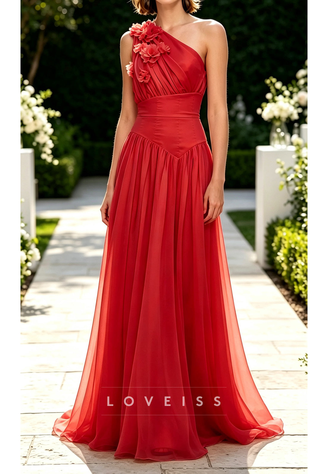 One-Shoulder Floral Applique A-Line Maxi Dress