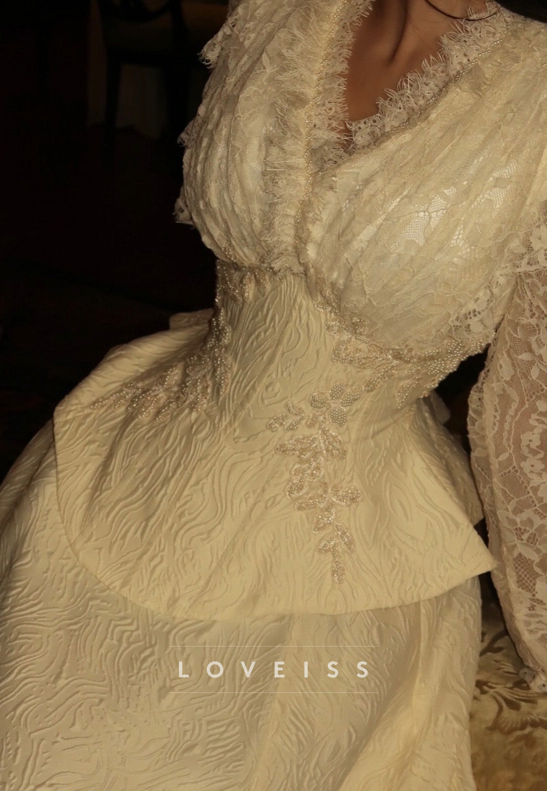 Jacquard Gown with Lace Bodice and Peplum