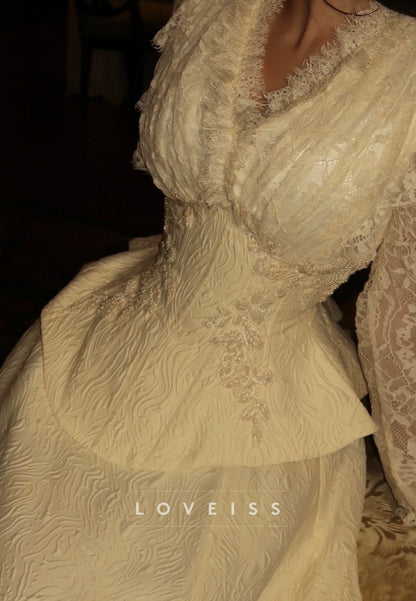 Jacquard Gown with Lace Bodice and Peplum