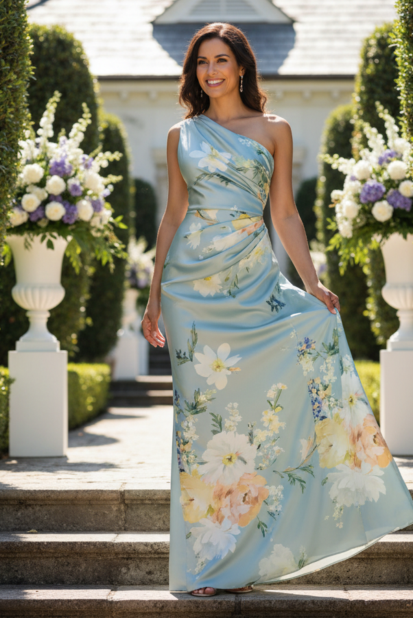 Ruched One-Shoulder Floral Satin Evening Gown