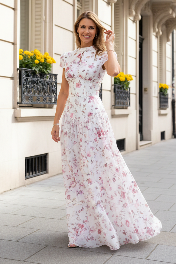 Floral High Neck A-Line Maxi Dress with Corset