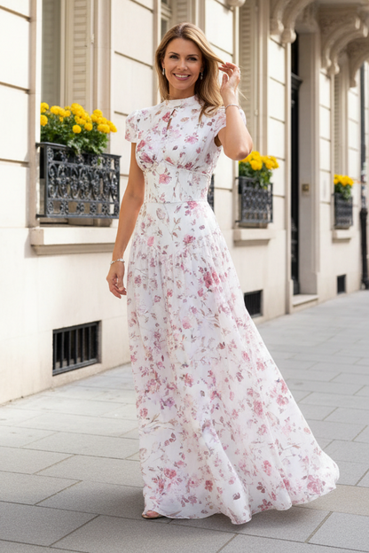 Floral High Neck A-Line Maxi Dress with Corset