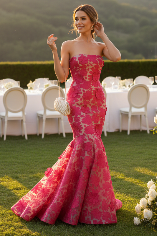 Strapless Floral Applique Mermaid Evening Gown