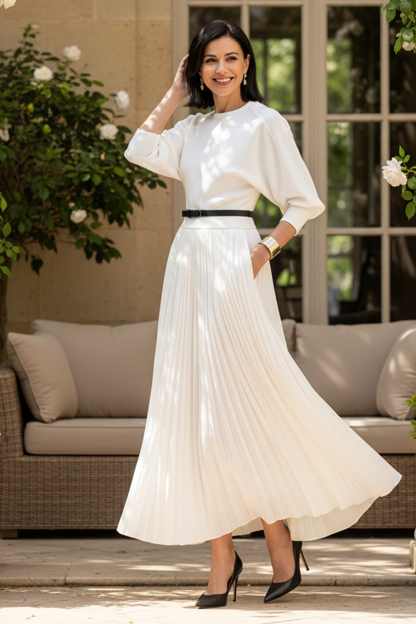Pleated Maxi Skirt and Long Sleeve Two-Piece Set
