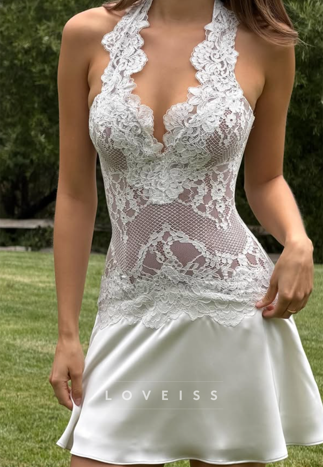 Halter Lace Bodice Drop Waist Satin Mini Dress