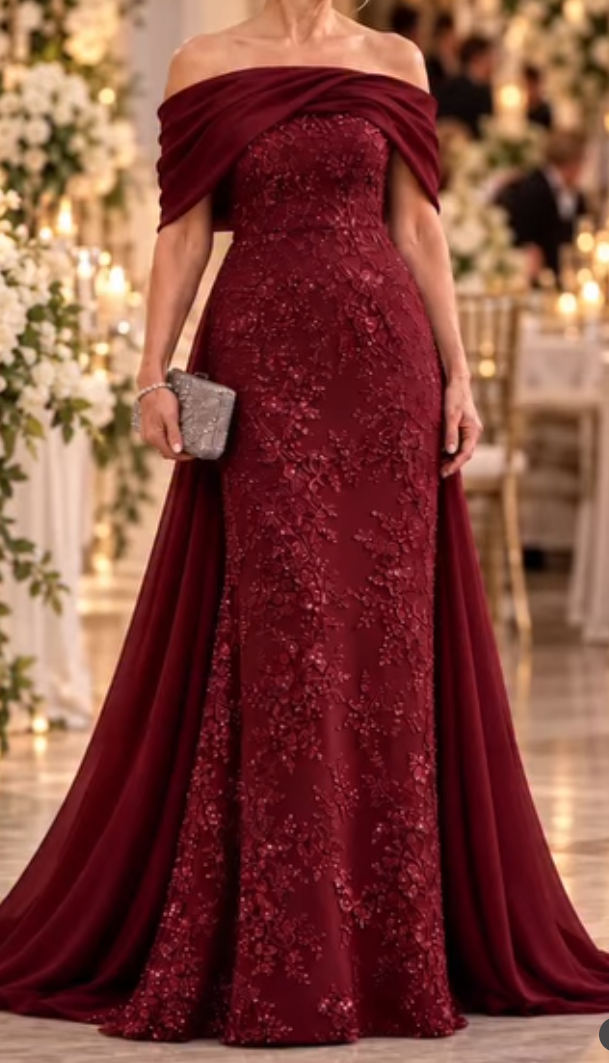 Off-the-Shoulder Floral Lace Gown with Overskirt