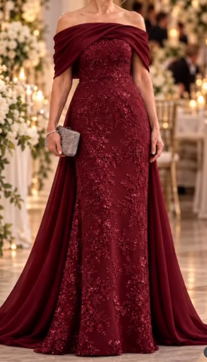 Off-the-Shoulder Floral Lace Gown with Overskirt