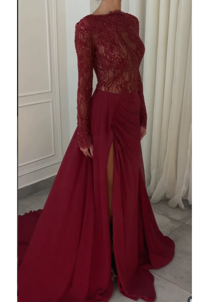 Beaded Illusion Long Sleeve Evening Gown with Slit