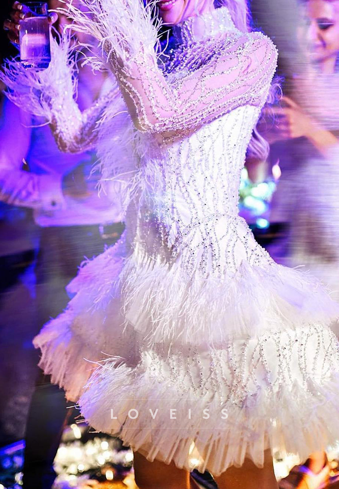 Beaded Feather High Neck Mini Dress