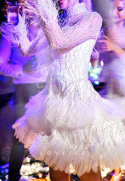 Beaded Feather High Neck Mini Dress