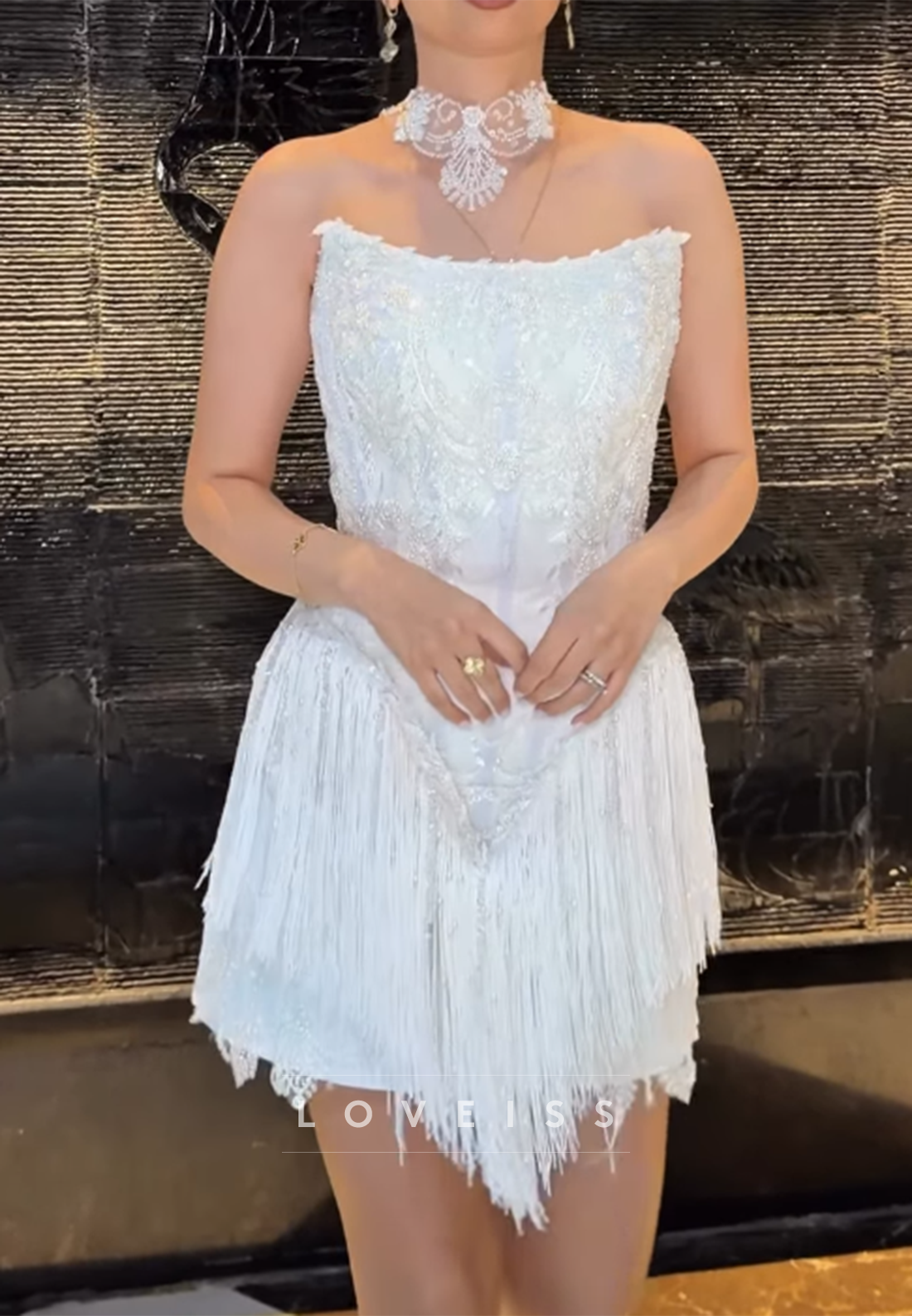 Strapless Beaded Corset Mini Dress with Fringe