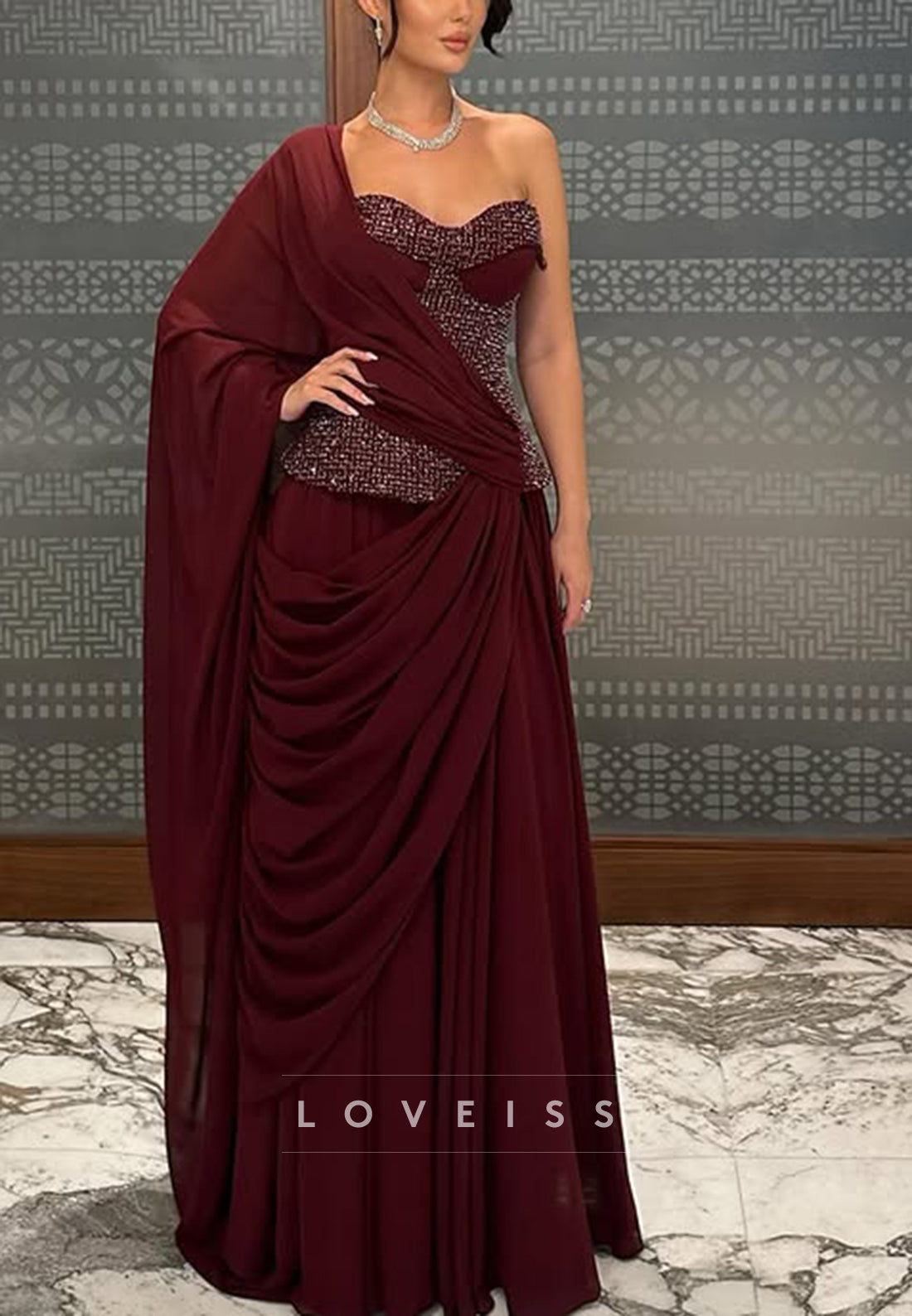 One-Shoulder Gown with Beaded Bodice and Draped Sash