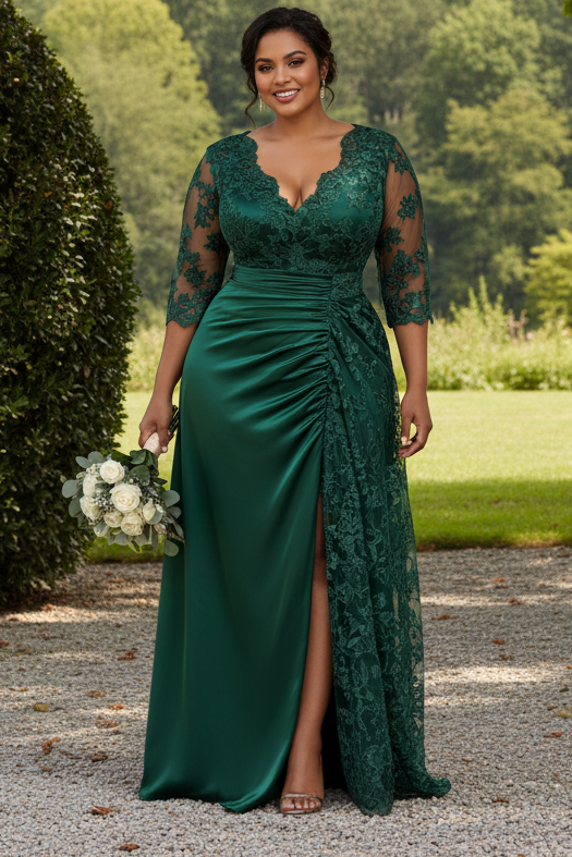 Plus Size Lace Sleeve Ruched Satin Evening Gown