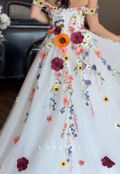 Off-the-Shoulder 3D Floral A-Line Wedding Dress