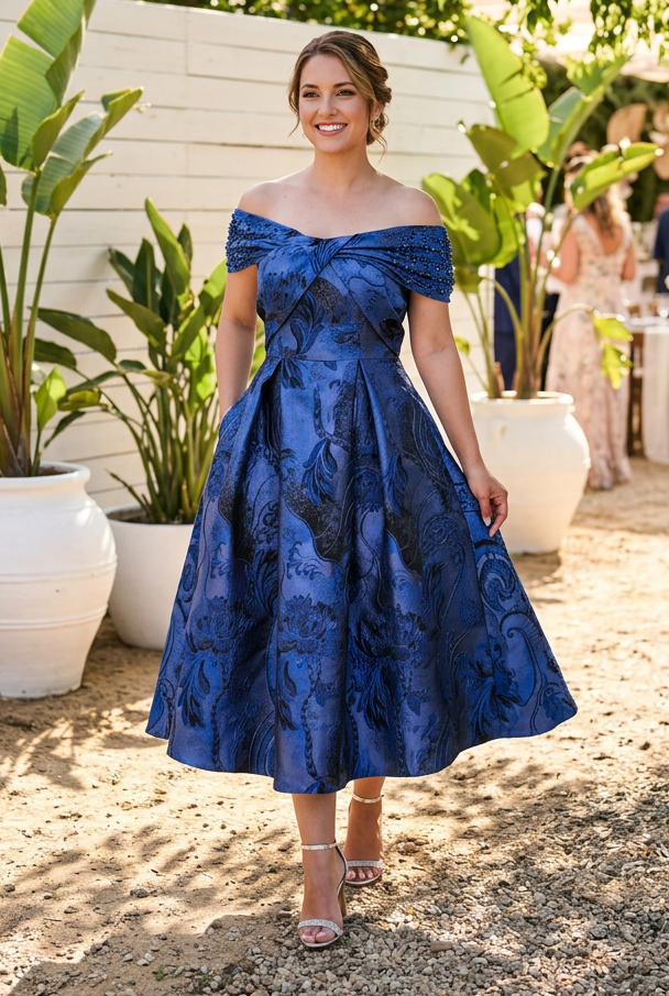 Off-the-Shoulder Jacquard Midi Dress with Pockets