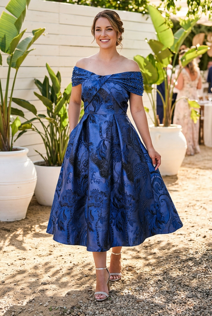 Off-the-Shoulder Jacquard Midi Dress with Pockets