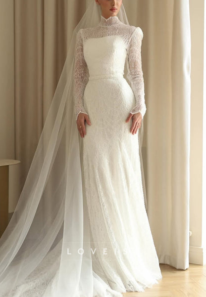 High Neck Lace Long Sleeve Trumpet Wedding Dress
