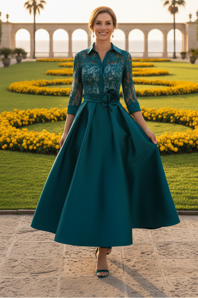 Lace Bodice A-Line Satin Evening Gown