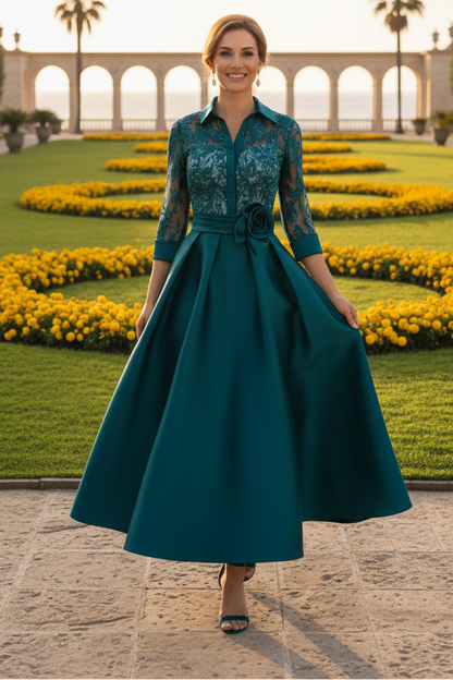 Lace Bodice A-Line Satin Evening Gown