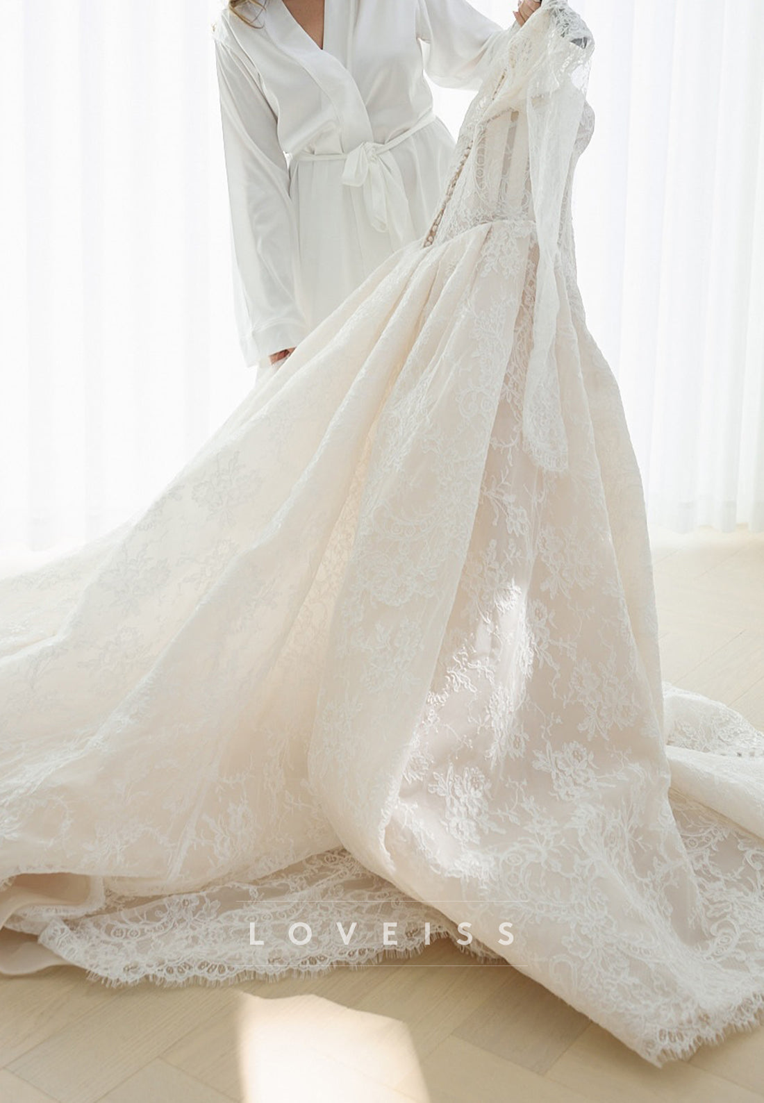 Long Sleeve Lace Wedding Gown with Overskirt