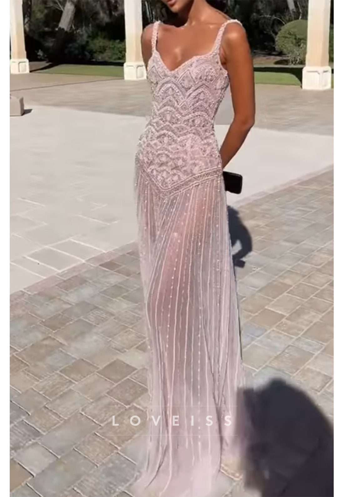 Beaded V-Neck Column Gown with Sheer Striped Skirt