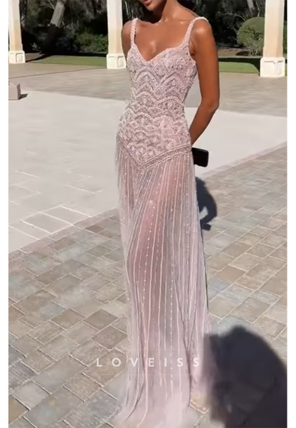 Beaded V-Neck Column Gown with Sheer Striped Skirt