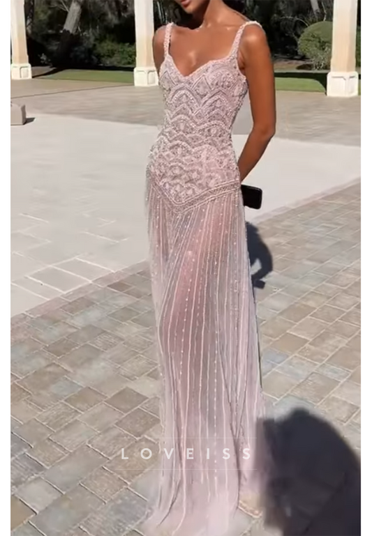 Beaded V-Neck Column Gown with Sheer Striped Skirt