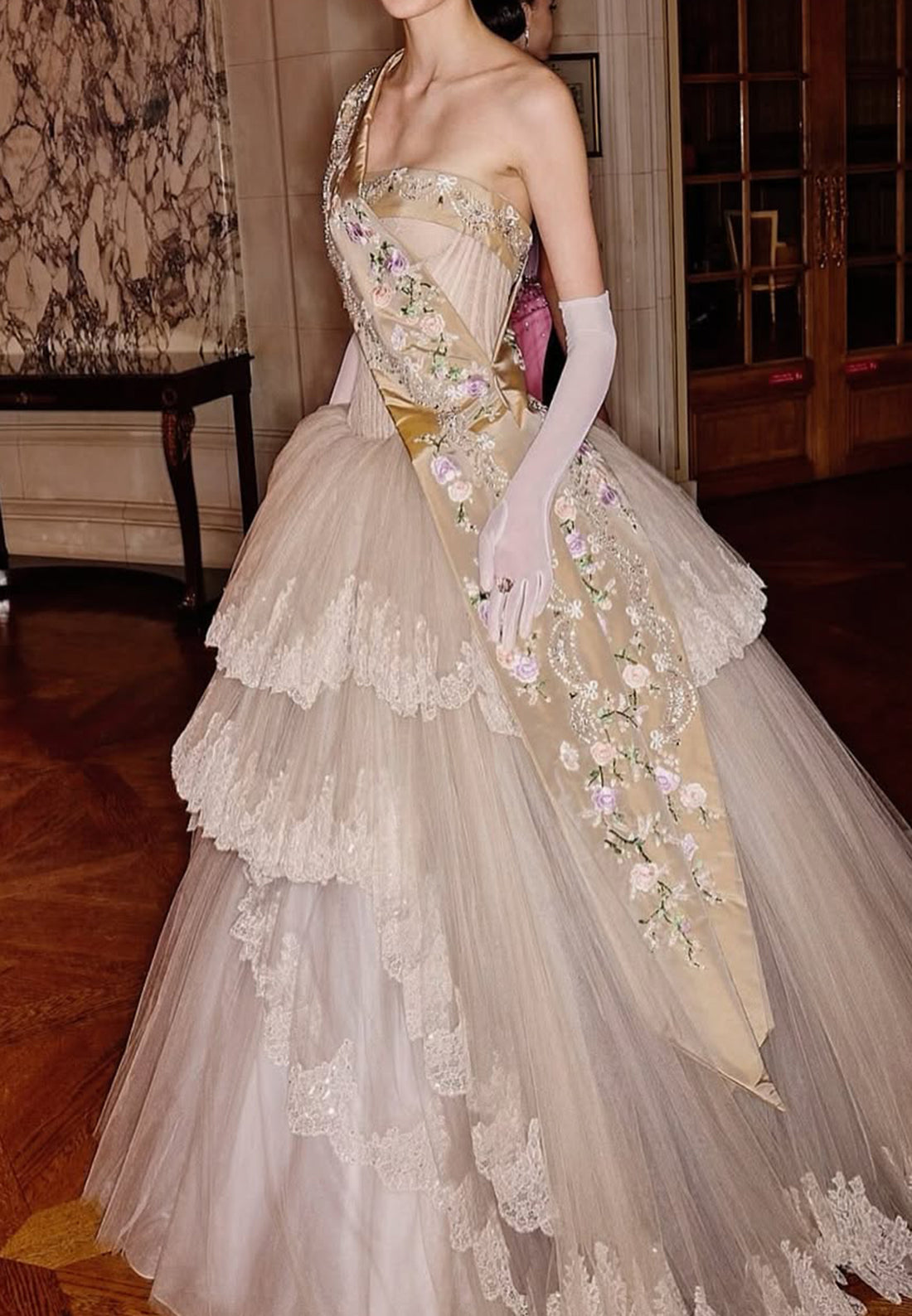 One-Shoulder Embroidered Tiered Tulle Ball Gown