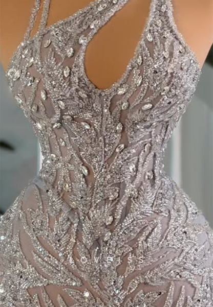 Beaded One-Shoulder Gown with High Slit