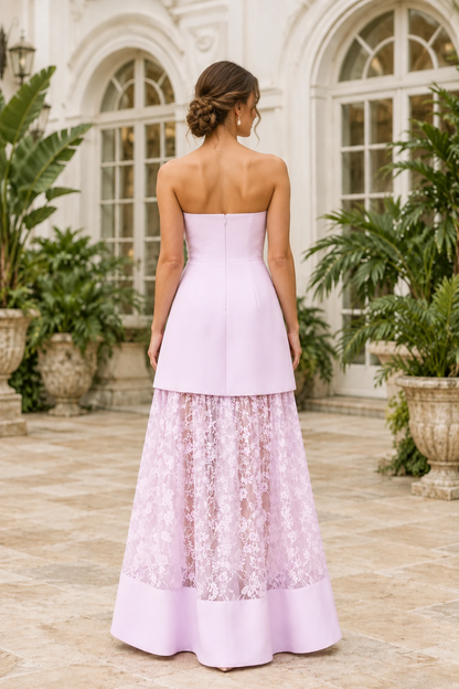 Strapless Sweetheart Lace Tier Floor-Length Gown