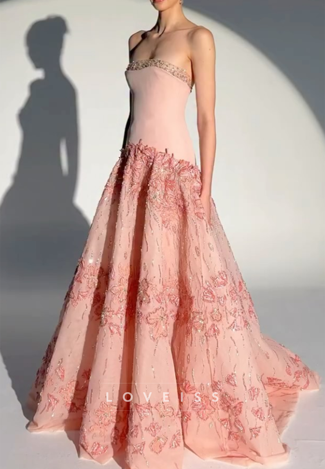 Strapless Sequin Floral A-Line Gown with Dropped Waist