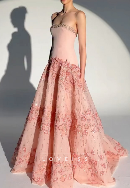 Strapless Sequin Floral A-Line Gown with Dropped Waist