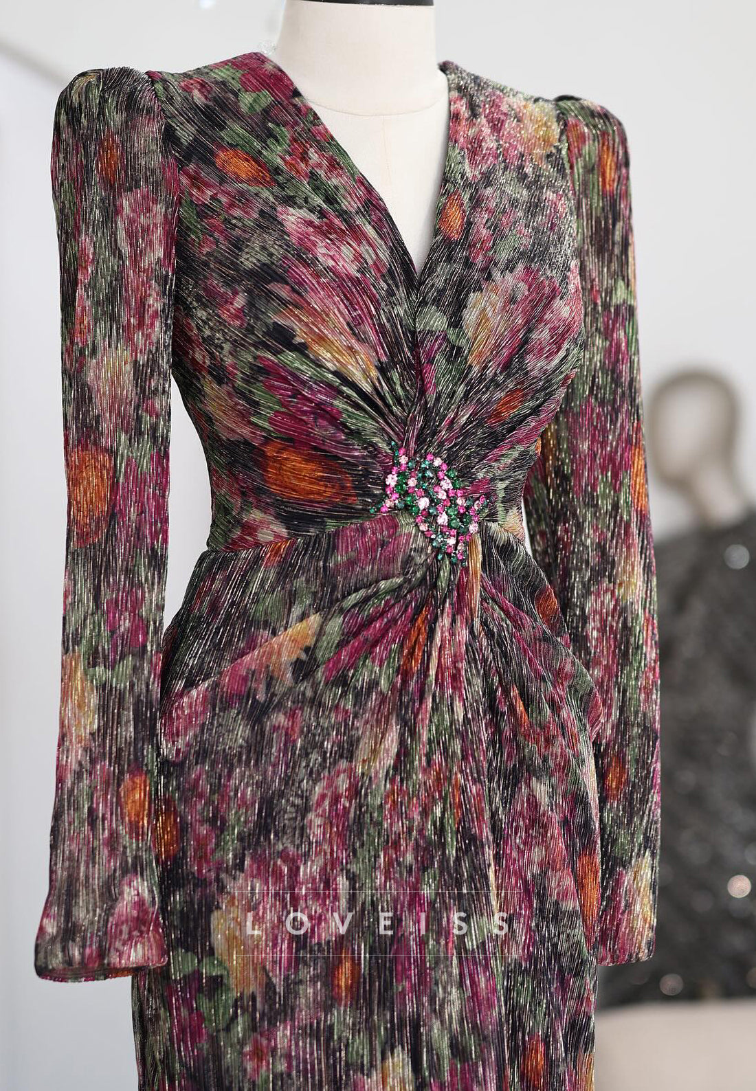 Floral Print Pleated Gown with Crystal Brooch