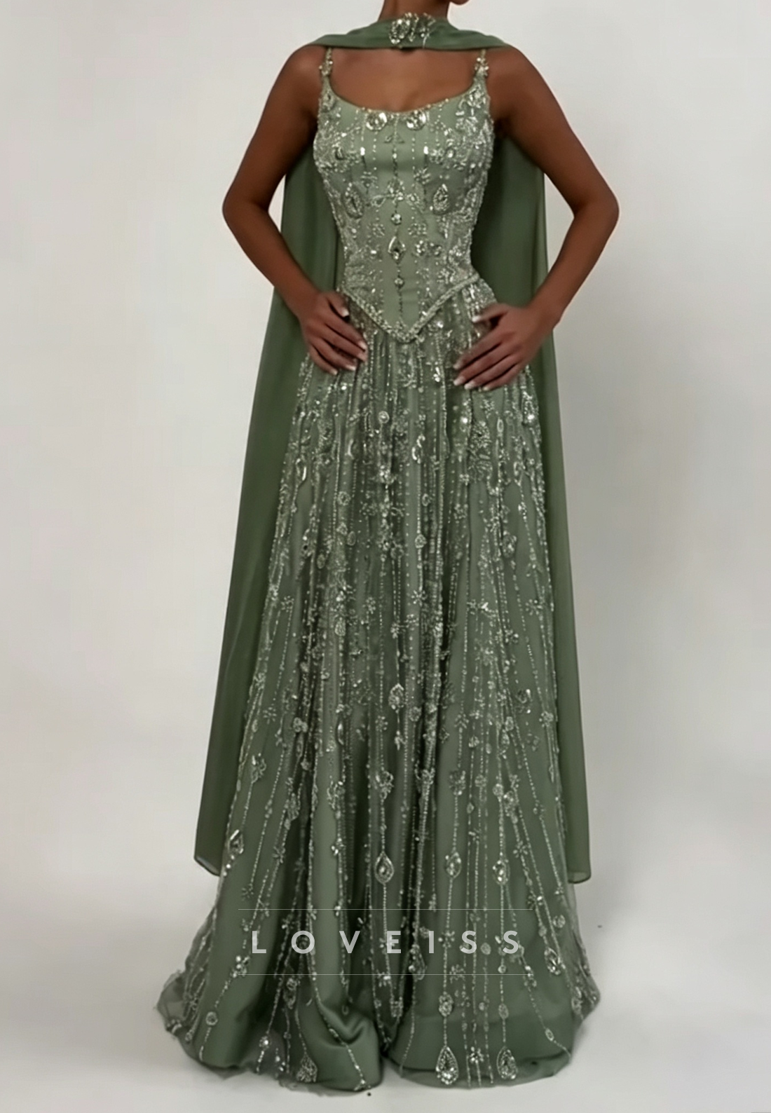Beaded Corset Evening Gown with Cape